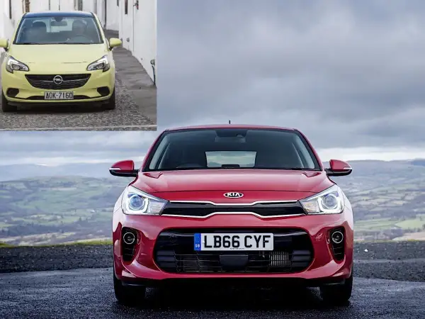 Czerwone Kia Rio na tle krajobrazu. W rogu zdjęcie żółtego Opla. Szukasz kia rio opinie?
