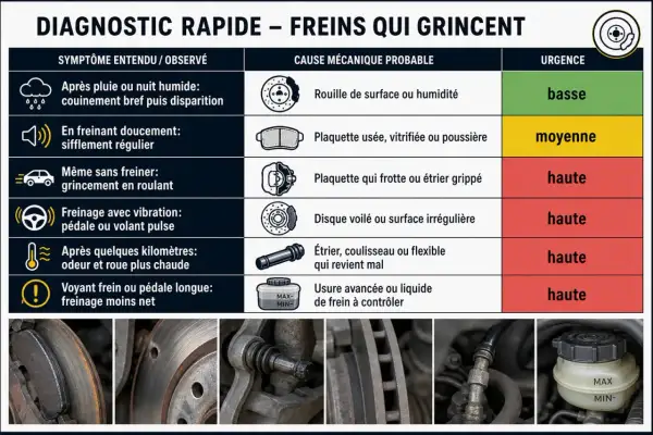 Diagnostic rapide des freins : vibration de la pédale ou du volant, usure de la plaquette, étrier grippé, disque voilé, ou liquide de frein à contrôler. La pédale de frein est essentielle.
