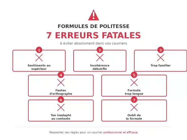 Infographie sur les formules de politesse : 7 erreurs à éviter. Idéal pour un modèle de lettre pour le maire gratuite et professionnelle.