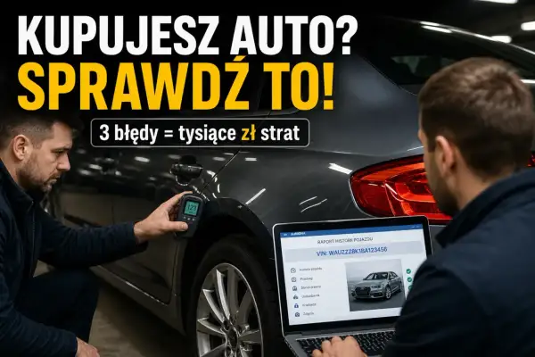 Kupując auto, sprawdź jego historię. Na laptopie widać raport VIN, a mężczyzna mierzy lakier. Sprawdź VIN na gov.pl, by uniknąć strat.