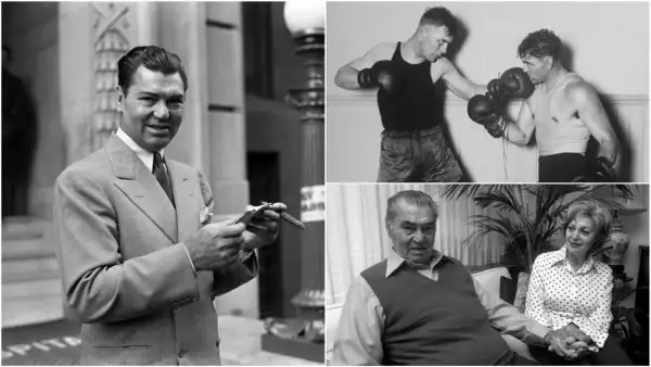 A collage of boxing legend Jack Dempsey. One image shows him in a suit, another shows him sparring, and the last shows him with a woman.