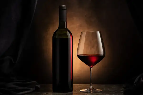 Una bottiglia e un calice di vino rosso, immersi in un'atmosfera suggestiva che esalta i profondi colori vino rosso.