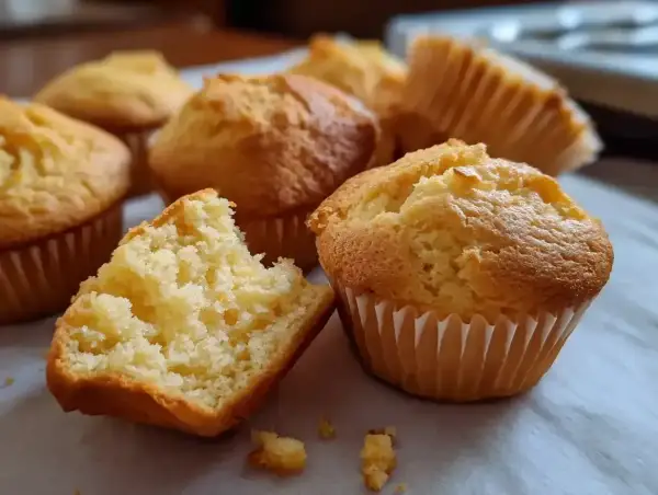 En grupp fluffiga vanilj muffins, en är uppäten och visar sitt saftiga inre. Perfekt för fikat!
