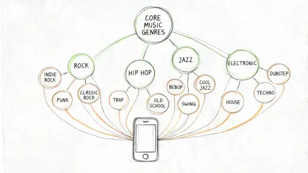 A diagram shows core music genres like Rock, Hip Hop, Jazz, and Electronic, with subgenres branching out, all connected to a smartphone, illustrating Spotify genres.