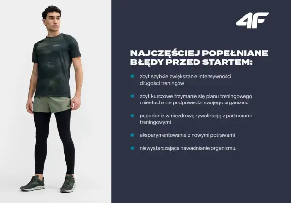 Mężczyzna w stroju sportowym, wskazówki jak przygotować się do maratonu, unikaj błędów: zbyt szybkie zwiększanie intensywności, kurczowe trzymanie się planu, rywalizacja, nowe potrawy, nawadnianie.