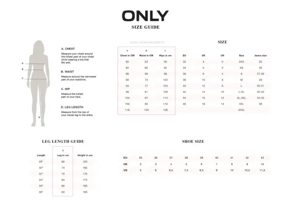 Guida taglie ONLY: la taglia 35 per i jeans corrisponde a una taglia XL-XXL, con girovita 87 cm e fianchi 114 cm.