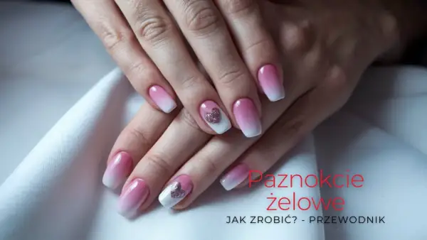 Dłonie z pięknymi paznokciami żelowymi w stylu ombre, zdobione brokatowymi serduszkami.