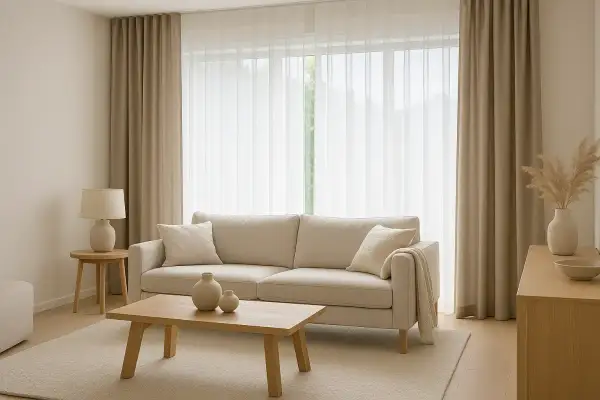 Sofá beige, mesa de centro de madera y cortinas de lino, un ejemplo de las últimas tendencias en cortinas para salón.