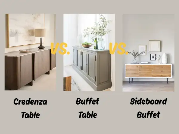 Three furniture pieces: a credenza table, a buffet table, and a sideboard buffet, are shown side-by-side, illustrating the sideboard vs credenza debate.