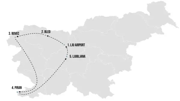 Route für eine slowenien rundreise: LJU Airport, Bled, Bovec, Piran und Ljubljana.