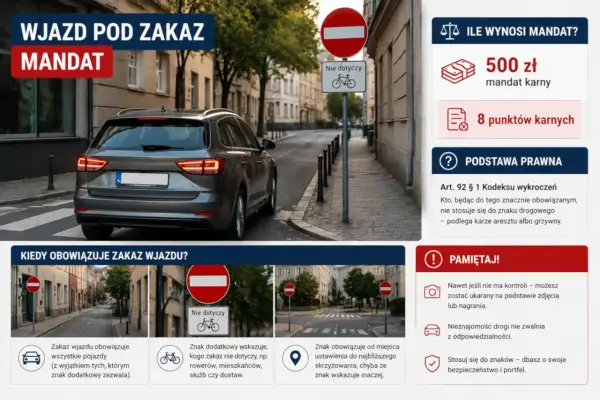 Wjazd pod zakaz, grozi mandat 500 zł i 8 punktów karnych. Znak zakazu wjazdu z tabliczką "nie dotyczy rowerów" na ulicy.