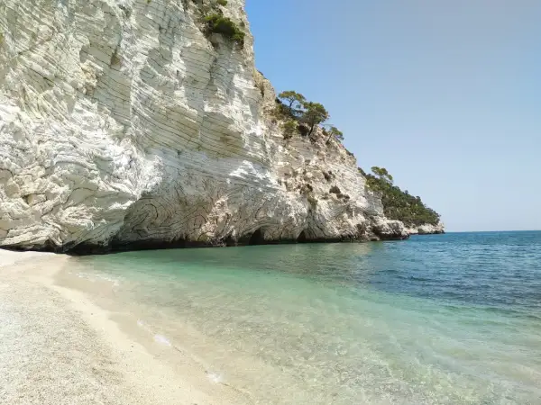 Spiaggia di ciottoli bianchi e mare cristallino ai piedi di una maestosa scogliera calcarea, con grotte marine. La **cala della pipa** è un angolo di paradiso.