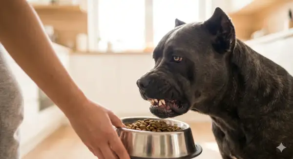 Un perro grande y oscuro mira con recelo un cuenco de comida. La protección de recursos en perros es clave para una convivencia armoniosa.