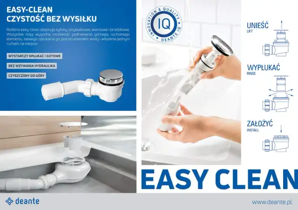 Jak odkrecic syfon w brodziku? Prosta instrukcja czyszczenia Deante Easy-Clean: podnieś, wypłucz i załóż.