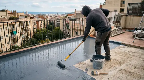 Hombre con capucha aplica pintura gris con rodillo para impermeabilizar pared exterior de terraza.