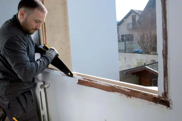 Un bricoleur prépare le cadre pour comment poser une fenêtre PVC en rénovation, sciant le bois existant.
