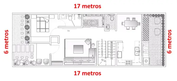 Plano de un chalet adosado de 17x6 metros, mostrando distribución de salón, cocina, dormitorio, baños y jardín.