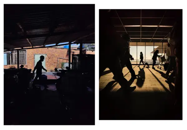 Dwie sceny z życia: pracownik w kasku w ciemnym magazynie i ludzie z bagażami w jasnym holu. Fotografia miejska.