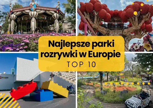 Najlepsze parki rozrywki w Europie: karuzela, baśniowe drzewo, budynek z klocków Lego i przejażdżka z figurkami zwierząt.