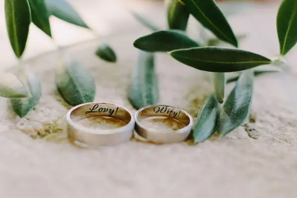 Zwei Ringe, "Lovy!" und "Wify!", liegen neben Olivenzweigen. Ein schönes Symbol für den 29. Hochzeitstag.