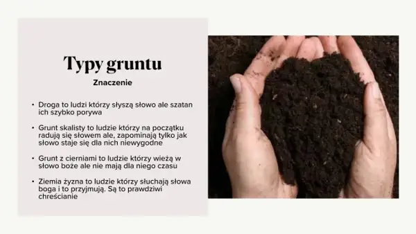Dłonie trzymają ziemię, symbolizującą przypowieść o talentach biblijnych i różne rodzaje gruntu.