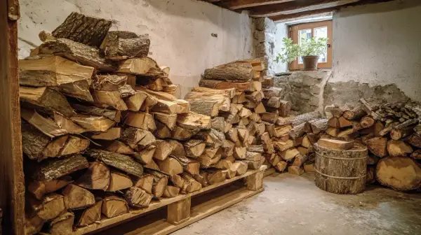 Holz im Keller trocknen: Große Stapel gespaltenes Brennholz lagern auf Paletten und am Boden. Ein Fenster lässt Licht herein.