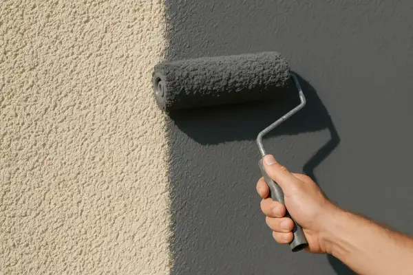 Main d'une personne appliquant une peinture sur enduit texturé, transformant une surface beige en un gris moderne.