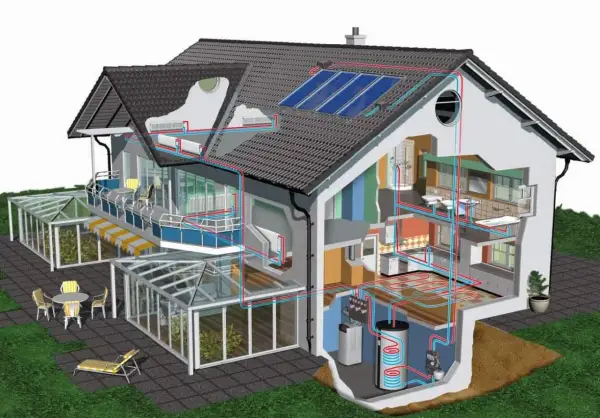 Schema di un edificio nzeb con pannelli solari, riscaldamento a pavimento e sistema di pompe di calore.