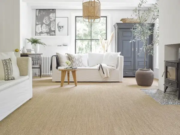 Un salon cosy avec un tapis en jonc de mer, idéal pour un style naturel. Avantages : esthétique, inconvénients : entretien.