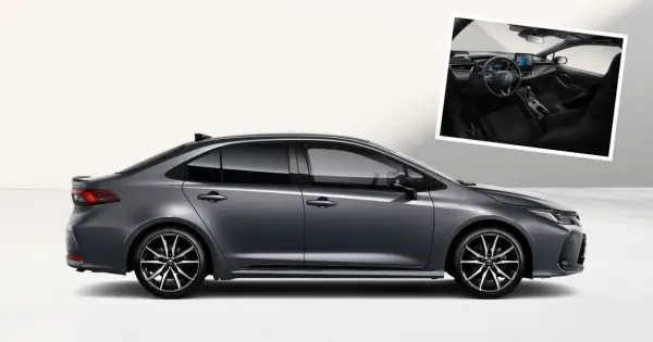 Nowoczesna Toyota Corolla 2026 w szarym kolorze, z widokiem na eleganckie wnętrze.