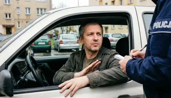 Policjant wypisuje mandat karny kierowcy, który siedzi w samochodzie i gestykuluje.