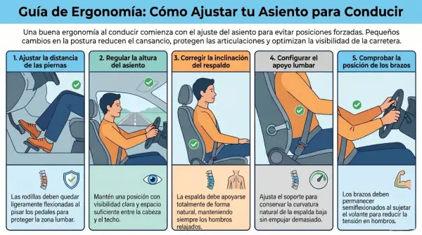 Guía para una **posición correcta para conducir**: ajusta piernas, altura, respaldo, lumbar y brazos para mayor comodidad y seguridad.