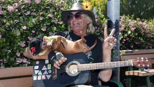 Mann mit Gitarre und Hund, ein Symbol der Hippie-Kultur. Friedenszeichen und Blumen schmücken den friedlichen Moment.