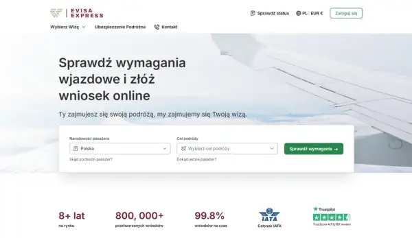 Strona Evisa Express: jak wypełnić formularz wizowy do Egiptu. Wybierz narodowość i cel podróży, by sprawdzić wymagania.