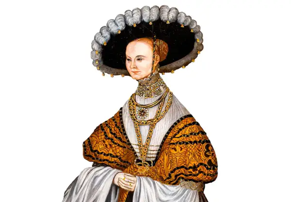 Porträtt av Margareta Eriksdotter (Vasa) i en stor hatt och guldfärgad dräkt med rikliga smycken.