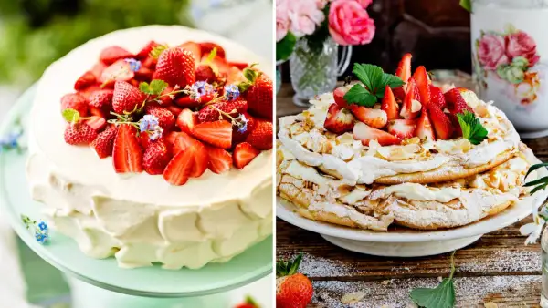 Två midsommar desserter: en gräddig tårta med jordgubbar och en marängtårta med jordgubbar och mandel.