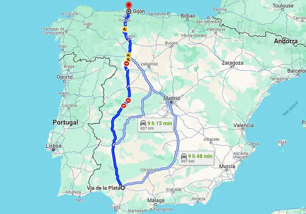 Mapa de España y Portugal con una ruta marcada de Gijón a Sevilla, mostrando el itinerario de la Ruta de la Plata.