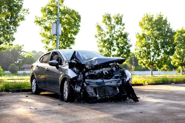Voiture grise gravement accidentée, capot déformé. Un rappel de l'importance de l'assurance parking voiture.