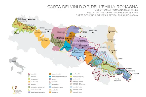 Mappa dei vini D.O.P. dell'Emilia-Romagna, con aree di produzione e nomi di città. Un viaggio tra i sapori dei vini emilia romagna.