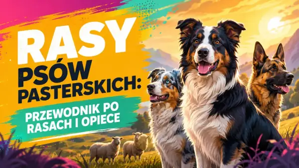 Trzy psy pasterskie: border collie, australian shepherd i owczarek niemiecki, na tle pasących się owiec i zachodzącego słońca.
