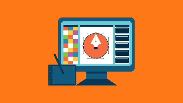 Computer screen with a pen tool icon, color swatches, and toolbars. Perfect for learning Adobe Illustrator tutorials.