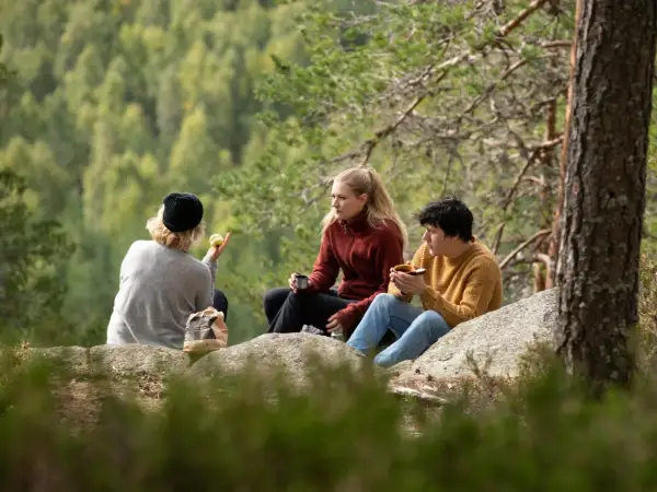 Vänner fikar på en klippa vid STF Undersvik med skogen som bakgrund.