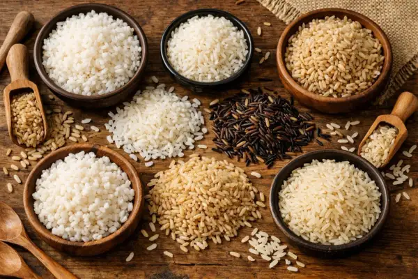 Varietà di riso: riso venere o basmati, integrale, bianco e nero, disposti in ciotole e sparsi su un tavolo di legno.