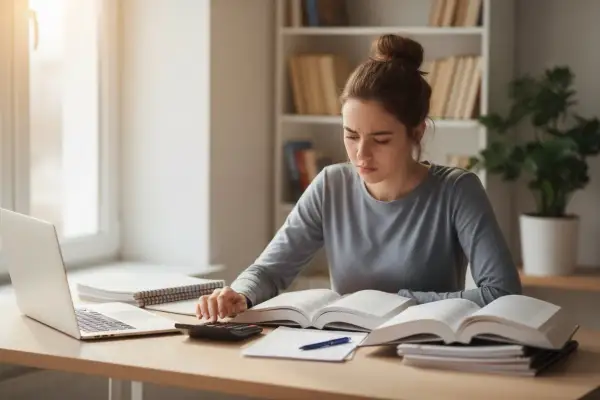 Młoda kobieta z włosami upiętymi w kok uczy się przy biurku z książkami, laptopem i kalkulatorem.