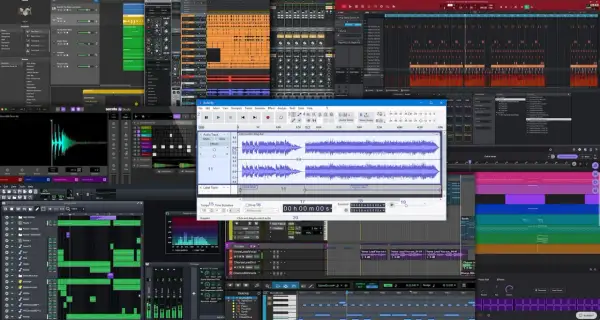 Múltiples programas de producción musical abiertos, mostrando pistas, efectos y formas de onda. Un vistazo al proceso creativo detrás de los proyectos musicales.
