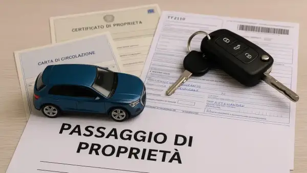 Modello auto blu, chiavi e documenti: certificato di proprietà, carta di circolazione e passaggio di proprietà. La dichiarazione di potenza del motore è un dettaglio importante.