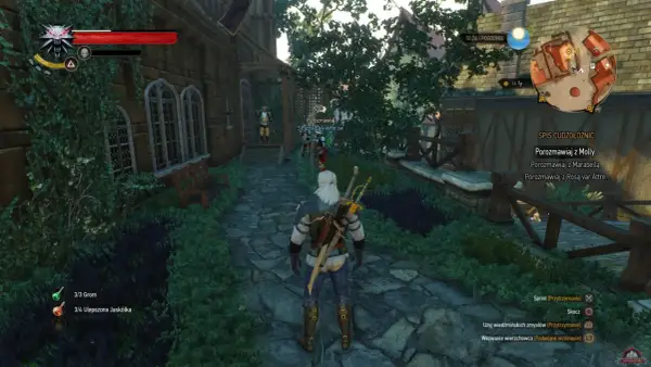 Geralt wyrusza na lekcję szermierki wiedzmin, mijając strażników i zielone zarośla.