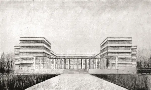Architektoniczny szkic Adolfa Szyszko-Bohusza przedstawia nowoczesny budynek z symetrycznymi skrzydłami i przeszklonym łącznikiem.