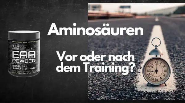 EAA Powder neben einer Uhr auf einer Straße. Aminosäuren: Wann ist die beste Zeit vor oder nach dem Training?