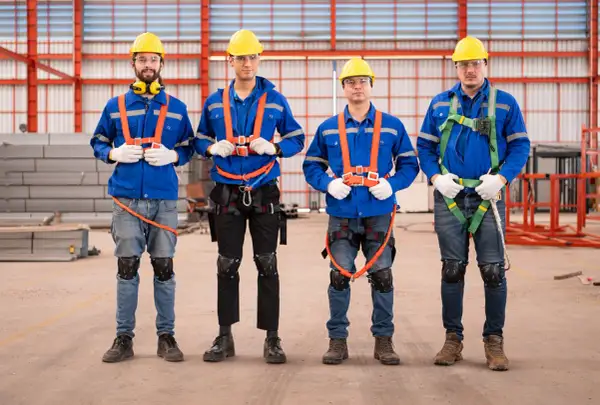 Czterech pracowników w żółtych kaskach i niebieskich kombinezonach, wyposażonych w szelki bhp, stoi w hali produkcyjnej.